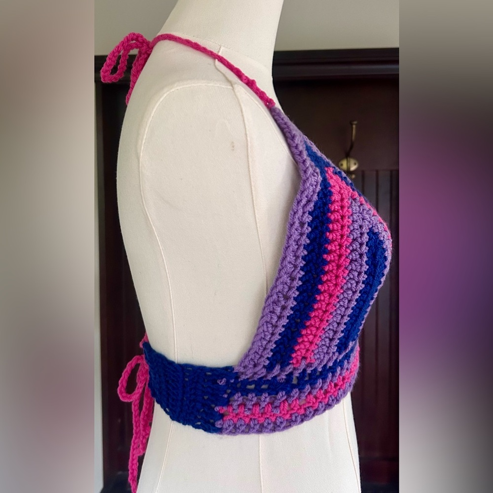 Y2K Crochet Hand Knit Halter Bralette Going Out Micro Top Club Cyber Rave Size S - Picture 4 of 6